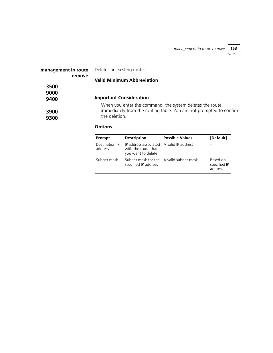 Management ip route remove | 3Com 3500 User Manual | Page 163 / 784