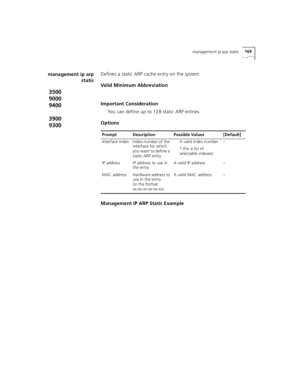 Management ip arp static | 3Com 3500 User Manual | Page 169 / 784