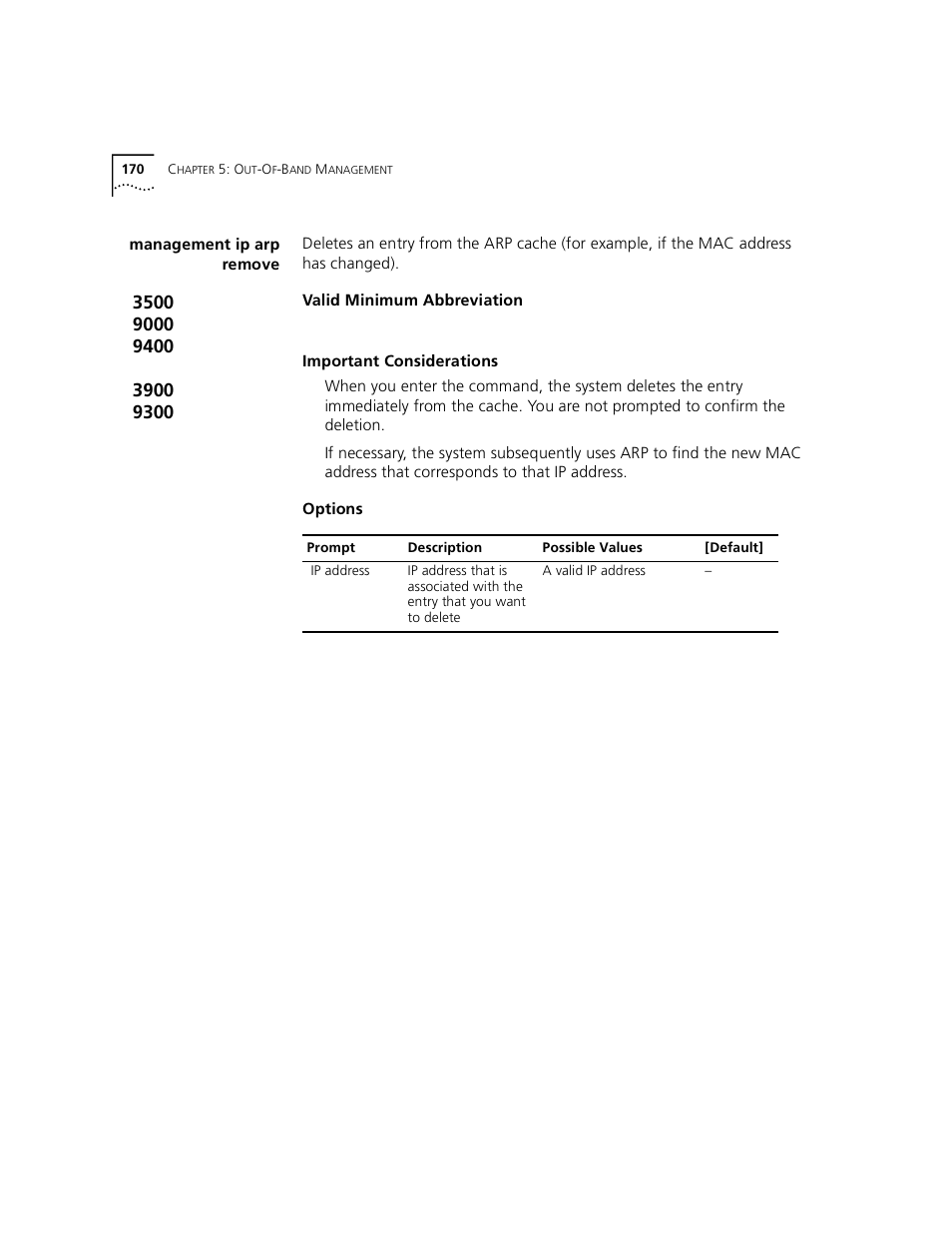 Management ip arp remove | 3Com 3500 User Manual | Page 170 / 784