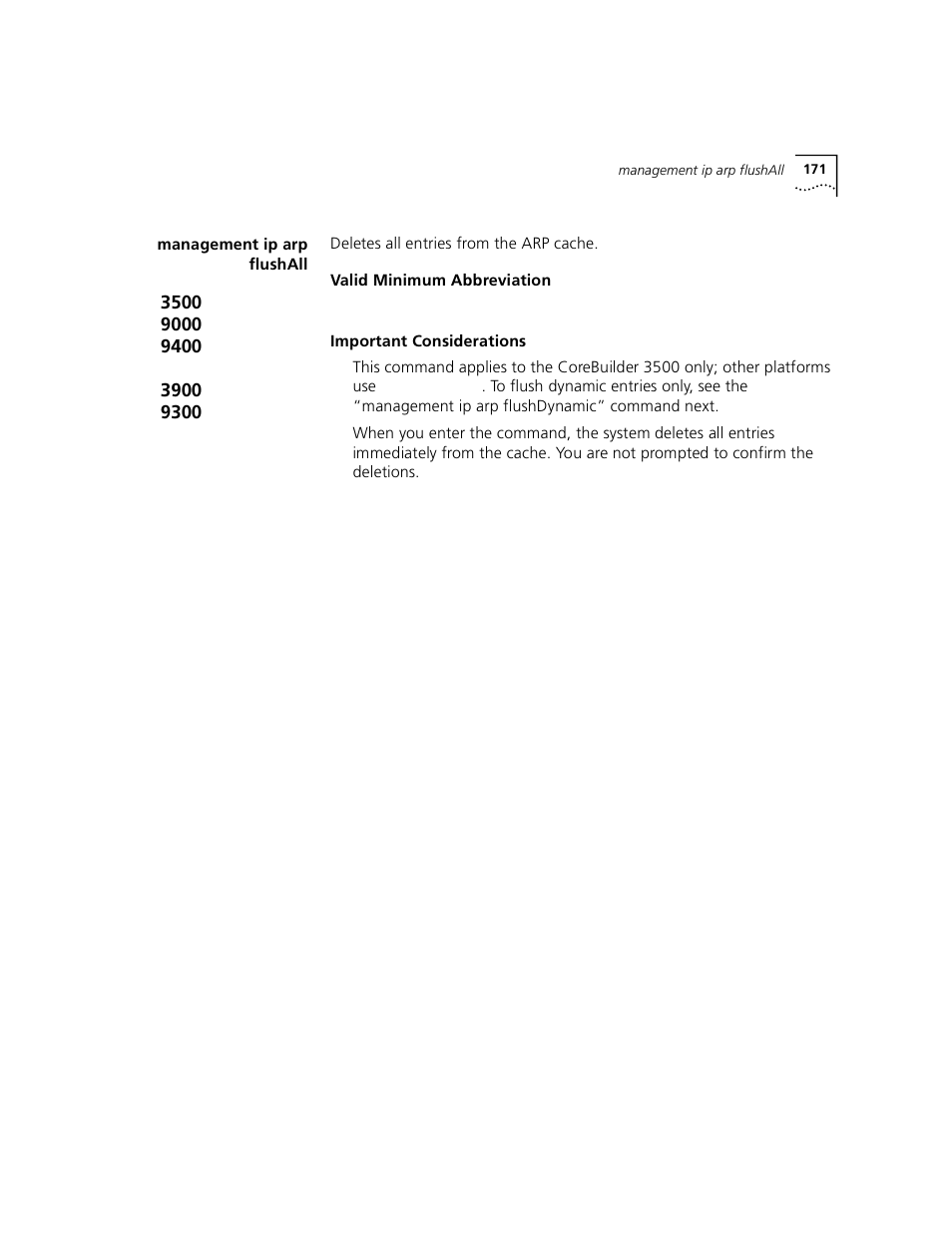 Management ip arp flushall | 3Com 3500 User Manual | Page 171 / 784