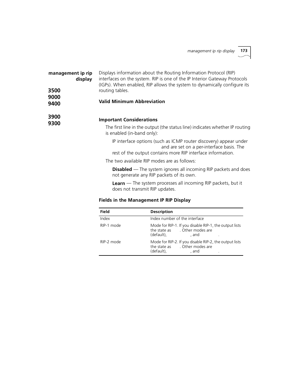 Management ip rip display | 3Com 3500 User Manual | Page 173 / 784