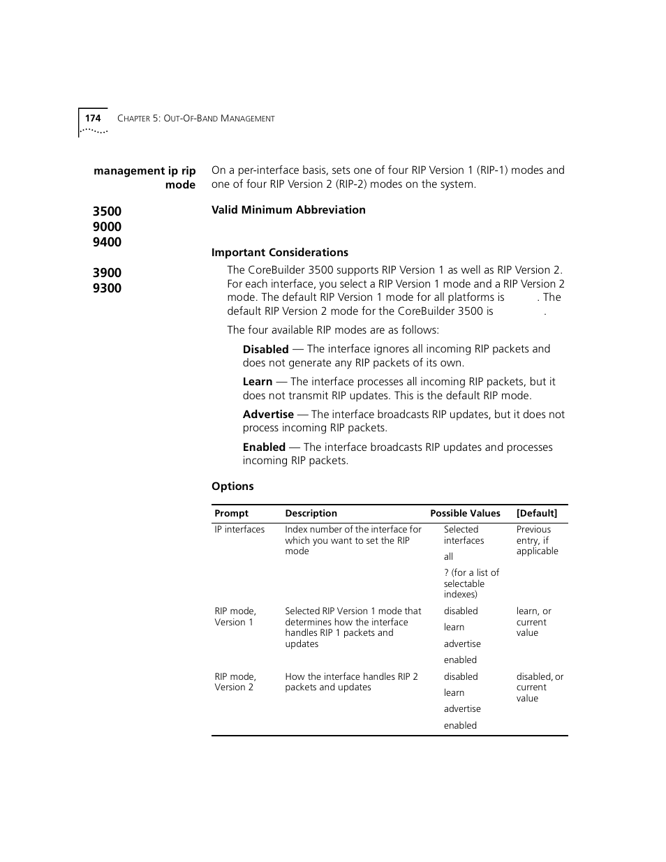 Management ip rip mode, Management ip rip, Important considerations | The four available rip modes are as follows | 3Com 3500 User Manual | Page 174 / 784