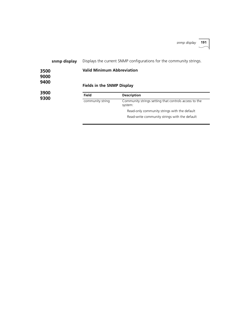 Snmp display | 3Com 3500 User Manual | Page 191 / 784