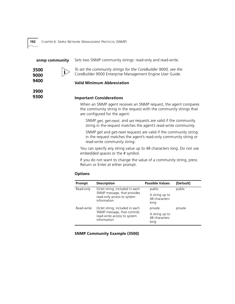 Snmp community | 3Com 3500 User Manual | Page 192 / 784