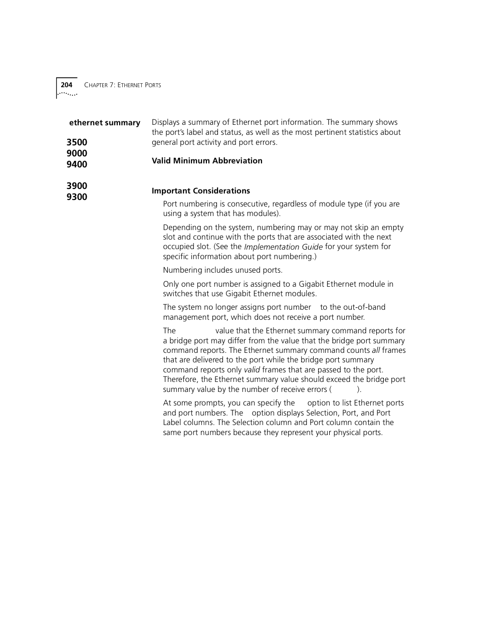 Ethernet summary | 3Com 3500 User Manual | Page 204 / 784