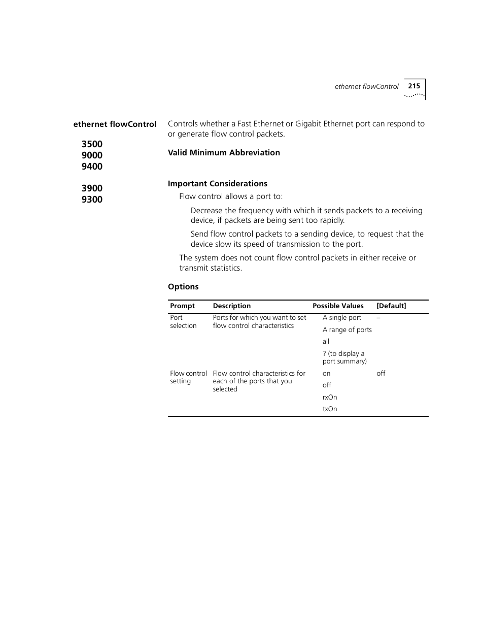 Ethernet flowcontrol | 3Com 3500 User Manual | Page 215 / 784