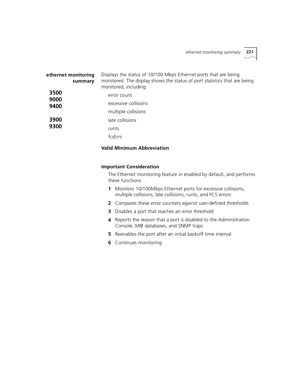 Ethernet monitoring summary | 3Com 3500 User Manual | Page 221 / 784