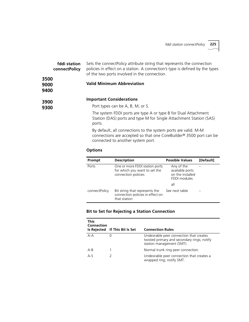 Fddi station connectpolicy | 3Com 3500 User Manual | Page 225 / 784