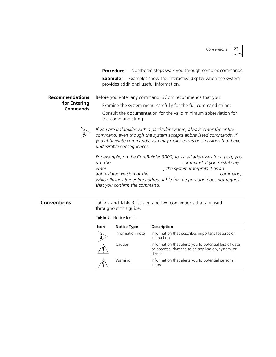 Recommendations for entering commands, Conventions | 3Com 3500 User Manual | Page 23 / 784