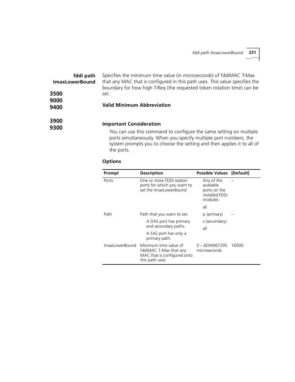Fddi path tmaxlowerbound | 3Com 3500 User Manual | Page 231 / 784