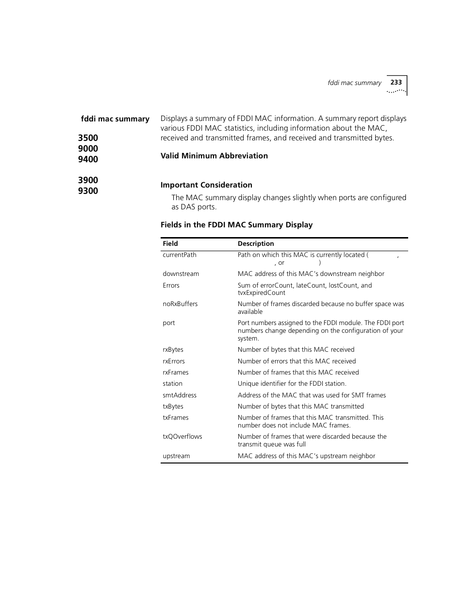 Fddi mac summary | 3Com 3500 User Manual | Page 233 / 784