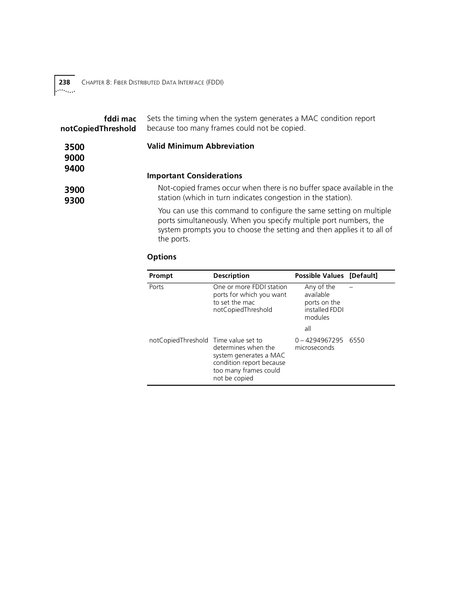 Fddi mac notcopiedthreshold | 3Com 3500 User Manual | Page 238 / 784