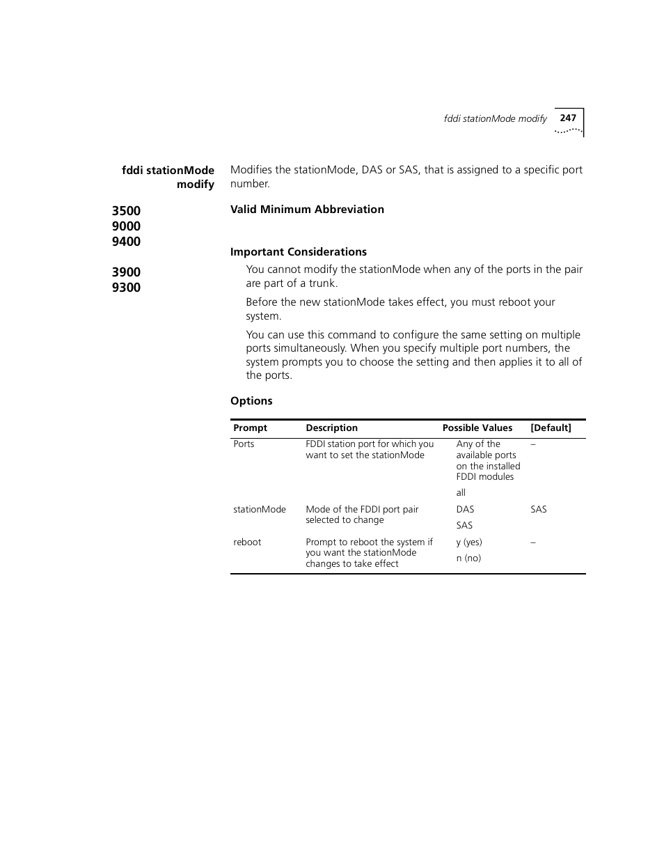 Fddi stationmode modify, Bridge port address list | 3Com 3500 User Manual | Page 247 / 784