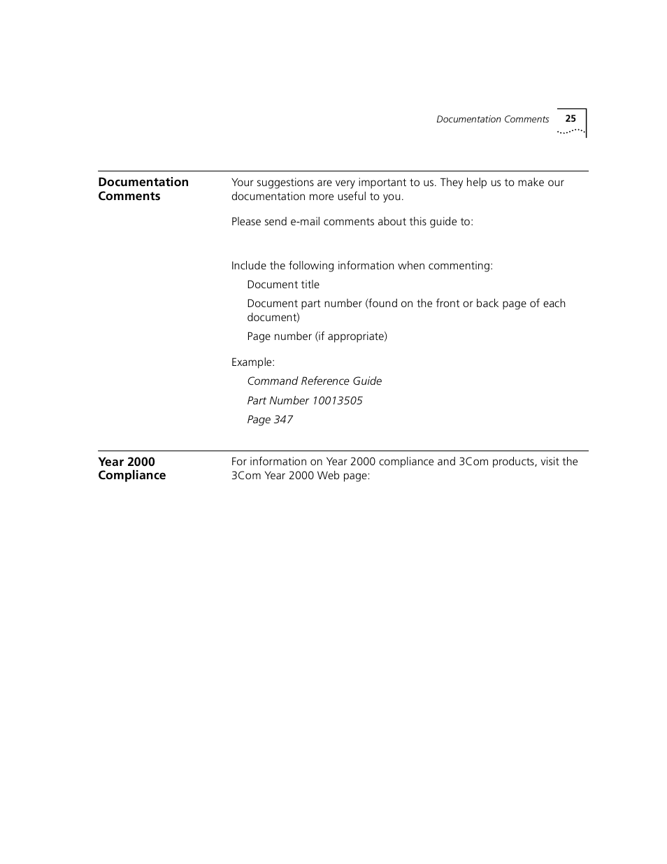 Documentation comments, Year 2000 compliance | 3Com 3500 User Manual | Page 25 / 784