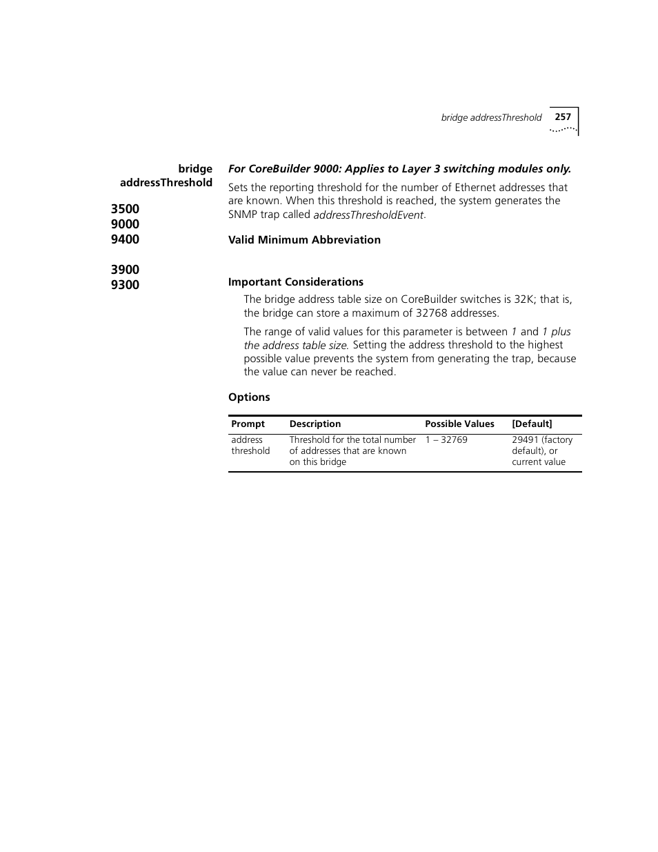 Bridge addressthreshold | 3Com 3500 User Manual | Page 257 / 784