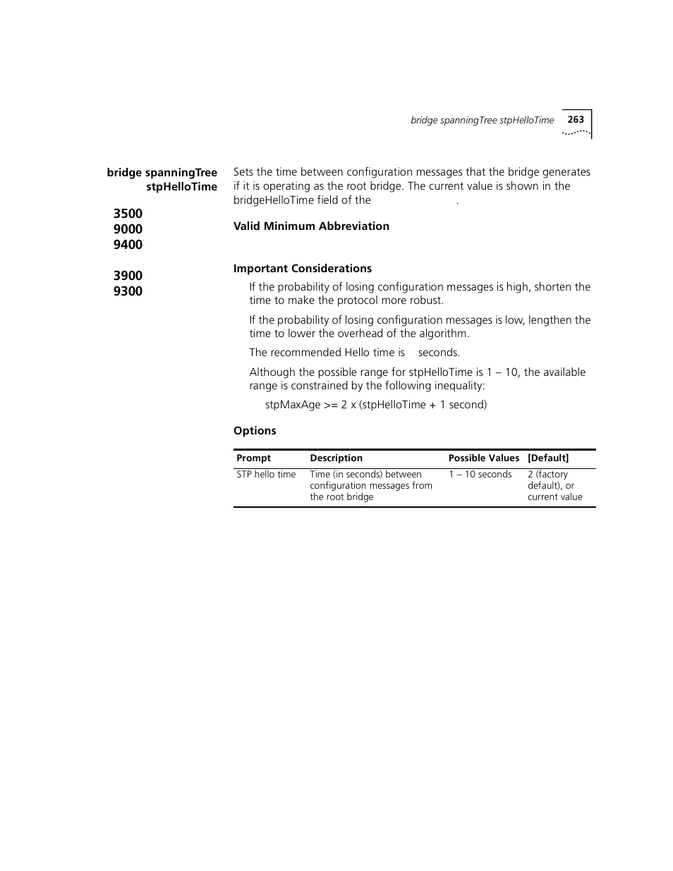 Bridge spanningtree stphellotime, E “bridge spanningtree stphellotime” la | 3Com 3500 User Manual | Page 263 / 784