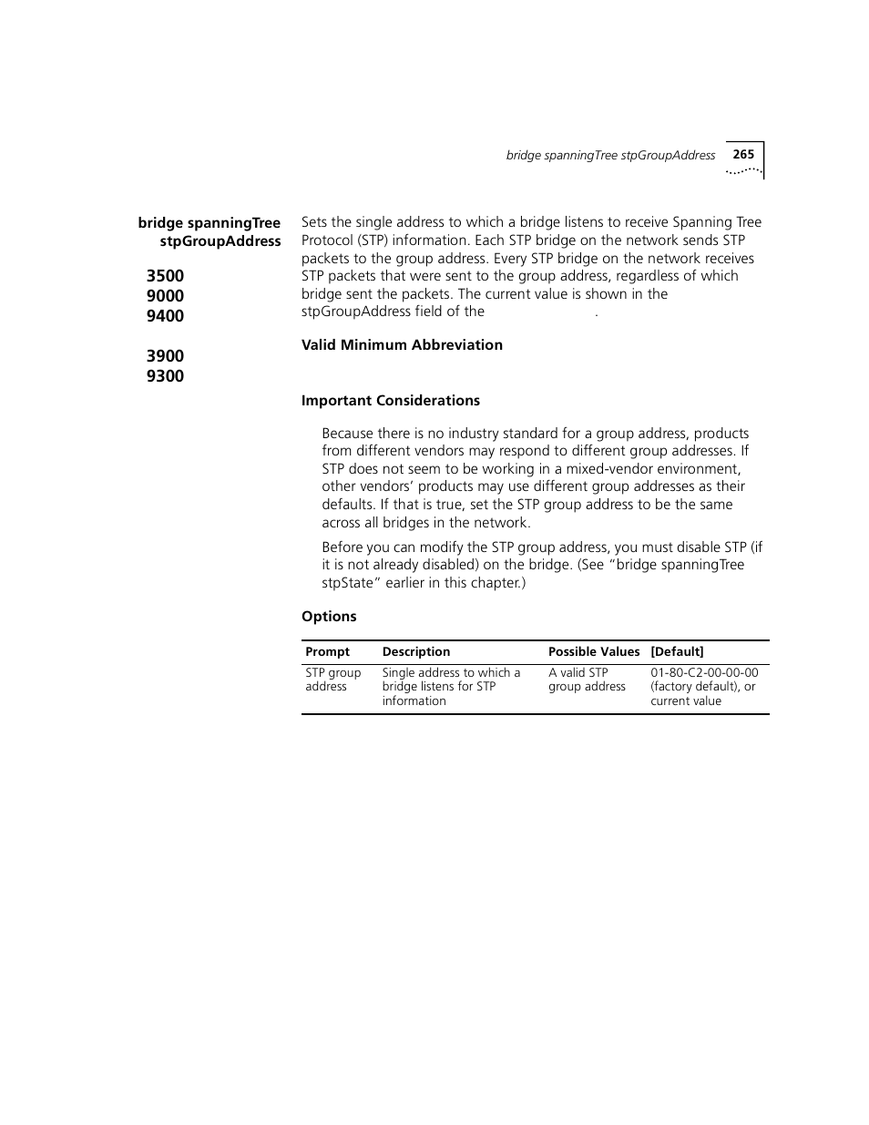 Bridge spanningtree stpgroupaddress | 3Com 3500 User Manual | Page 265 / 784