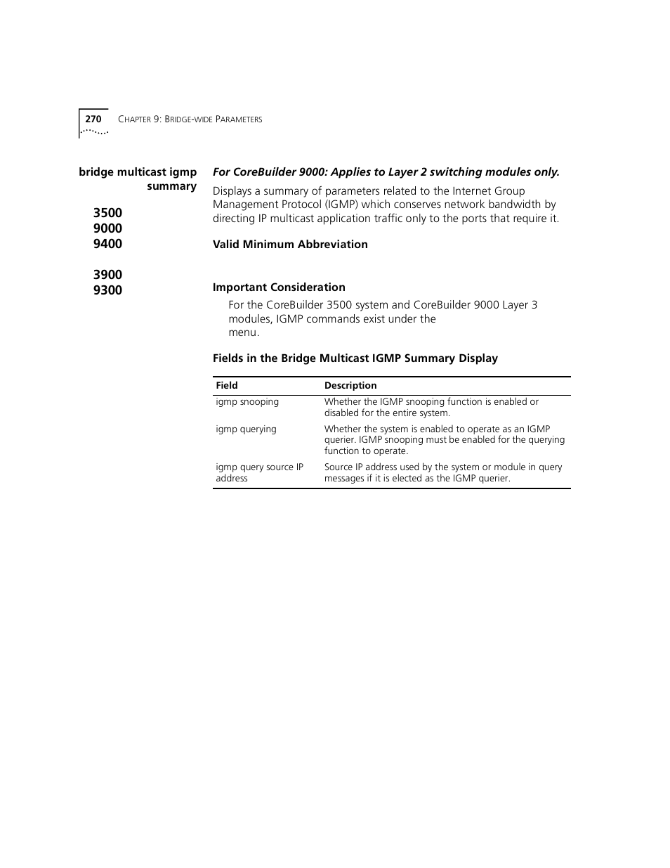 Bridge multicast igmp summary | 3Com 3500 User Manual | Page 270 / 784