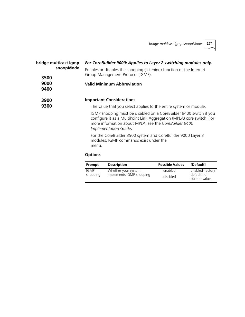 Bridge multicast igmp snoopmode | 3Com 3500 User Manual | Page 271 / 784