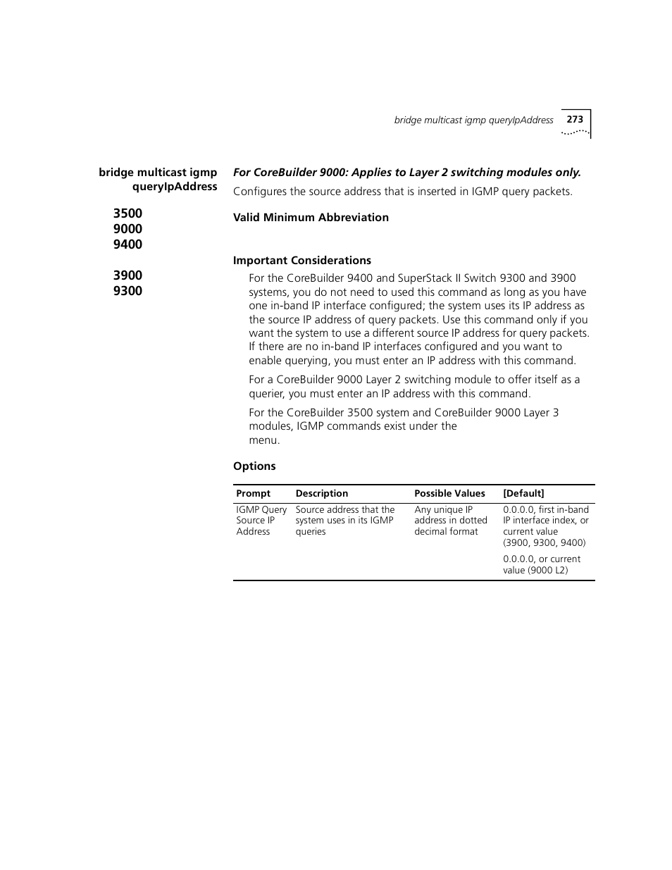 Bridge multicast igmp queryipaddress | 3Com 3500 User Manual | Page 273 / 784