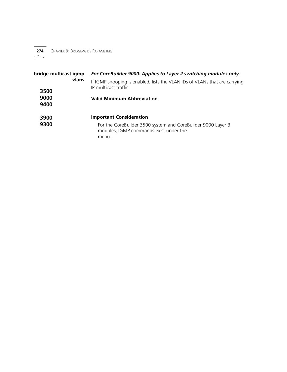 Bridge multicast igmp vlans | 3Com 3500 User Manual | Page 274 / 784