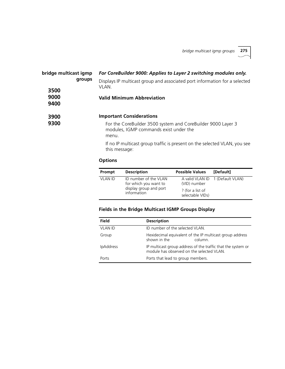 Bridge multicast igmp groups | 3Com 3500 User Manual | Page 275 / 784