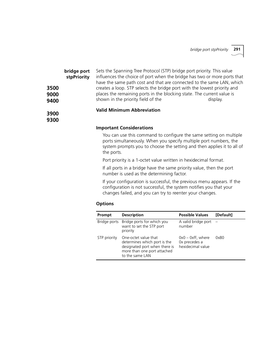 Bridge port stppriority | 3Com 3500 User Manual | Page 291 / 784