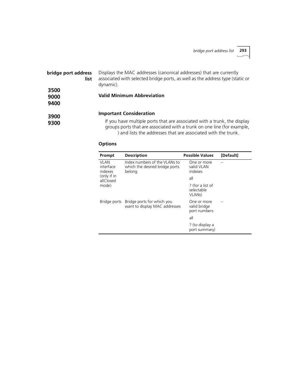 Bridge port address list | 3Com 3500 User Manual | Page 293 / 784