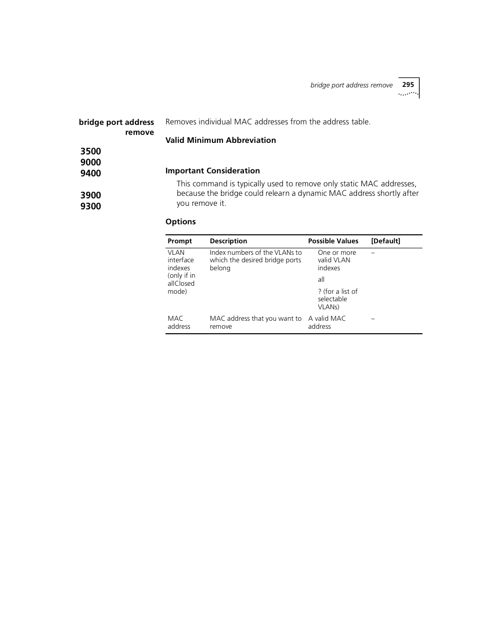 Bridge port address remove | 3Com 3500 User Manual | Page 295 / 784
