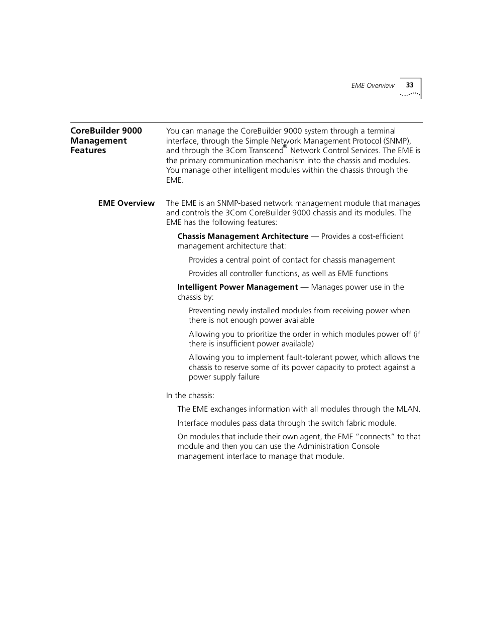 Corebuilder9000 management features, Eme overview, Corebuilder 9000 management features | 3Com 3500 User Manual | Page 33 / 784