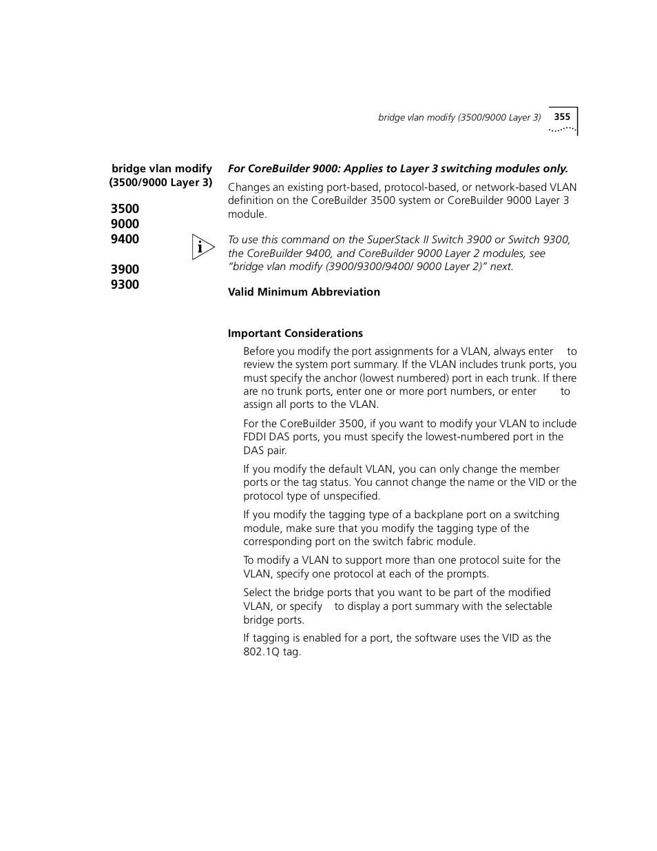 Bridge vlan modify (3500/9000 layer 3) | 3Com 3500 User Manual | Page 355 / 784