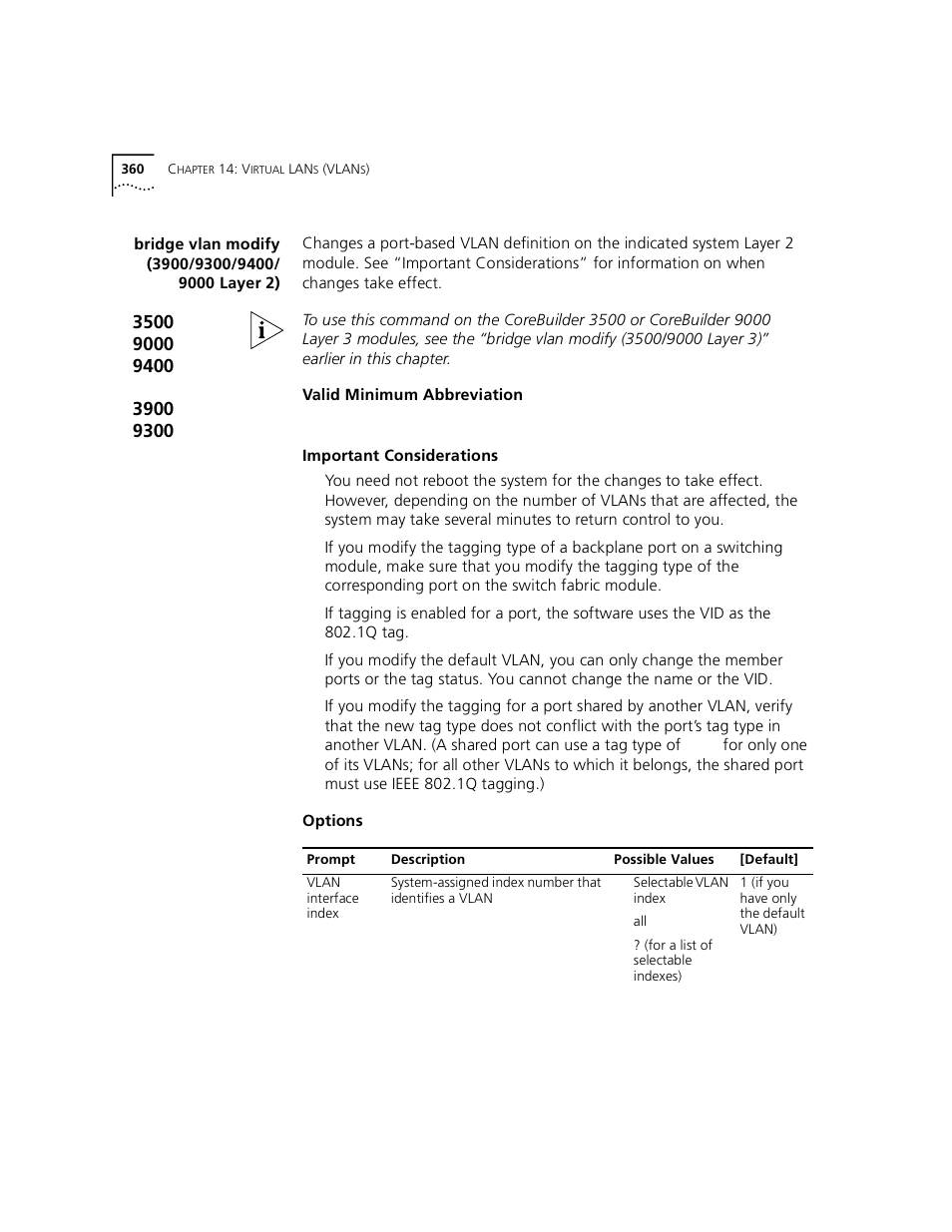 Bridge vlan modify (3900/9300/9400/ 9000 layer 2) | 3Com 3500 User Manual | Page 360 / 784