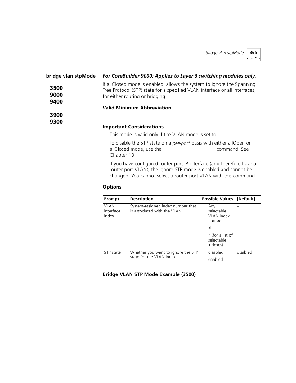 Bridge vlan stpmode | 3Com 3500 User Manual | Page 365 / 784