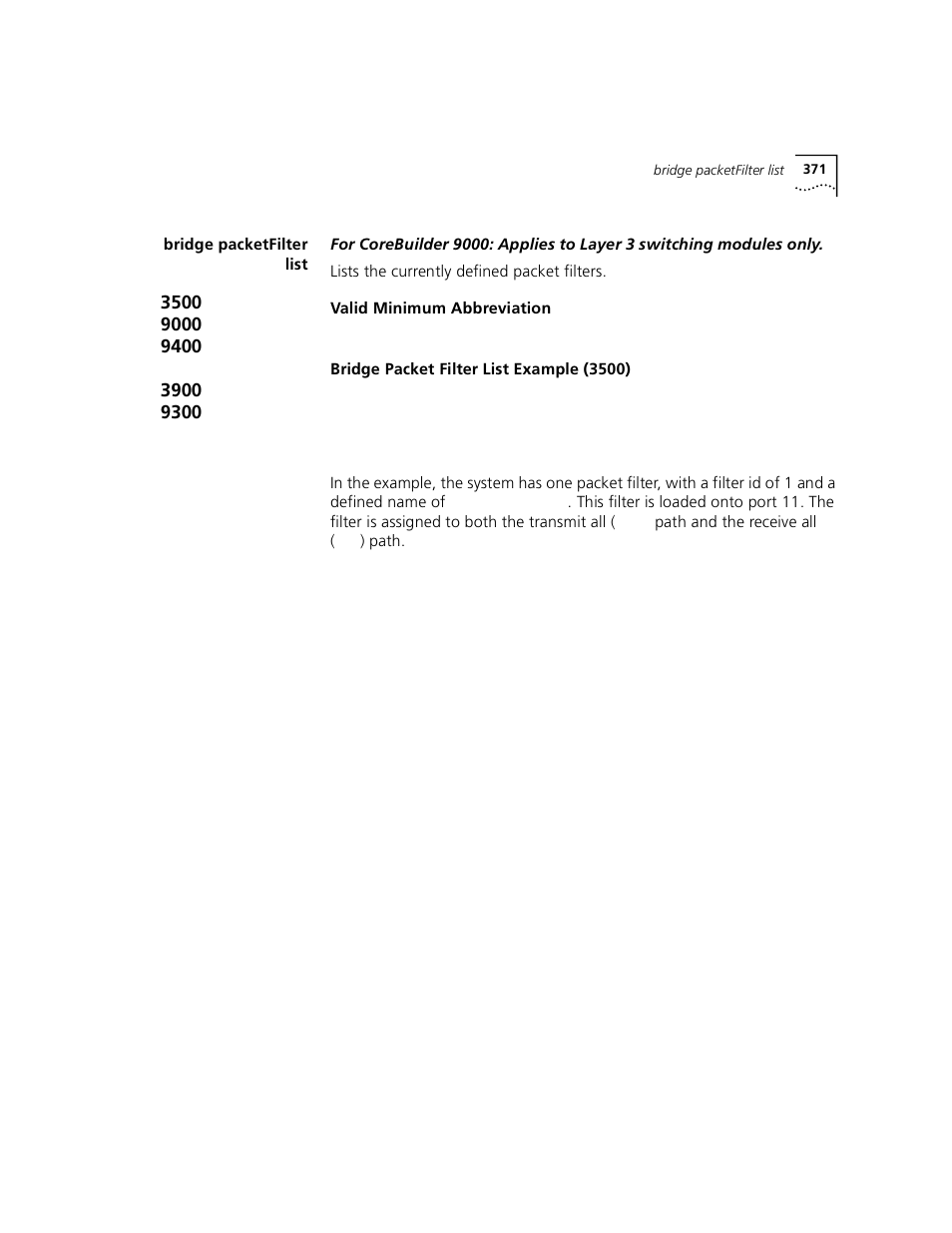 Bridge packetfilter list | 3Com 3500 User Manual | Page 371 / 784