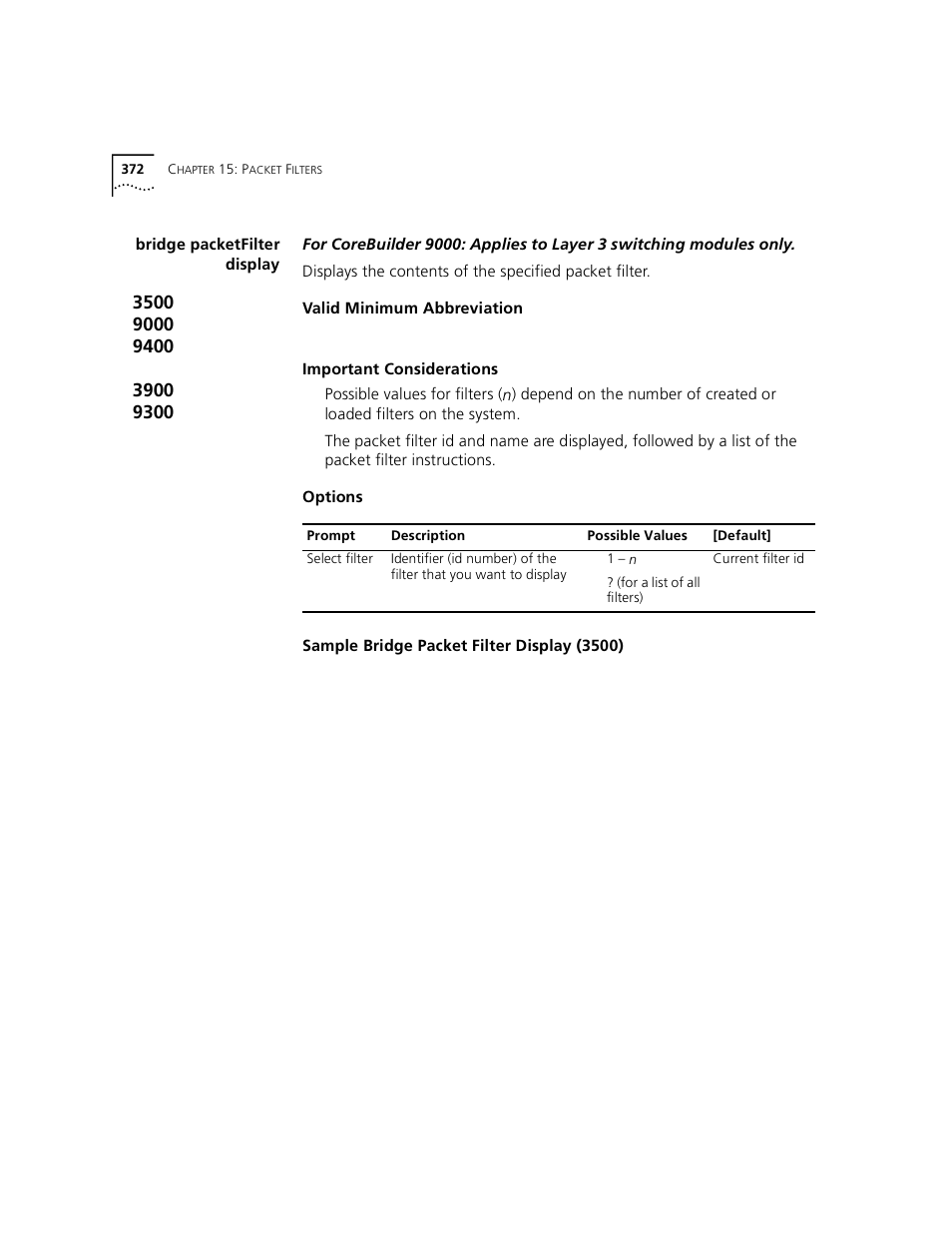 Bridge packetfilter display | 3Com 3500 User Manual | Page 372 / 784