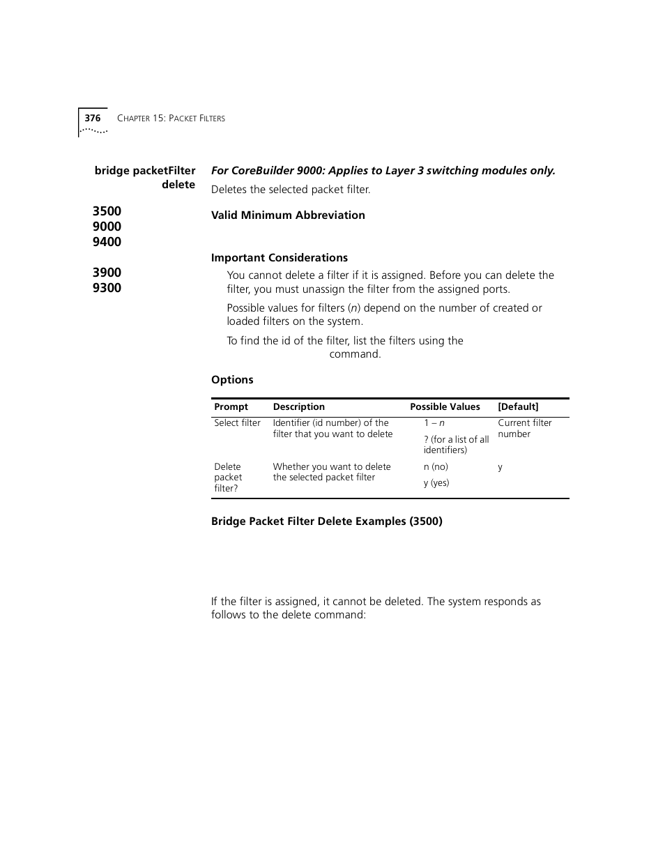 Bridge packetfilter delete | 3Com 3500 User Manual | Page 376 / 784