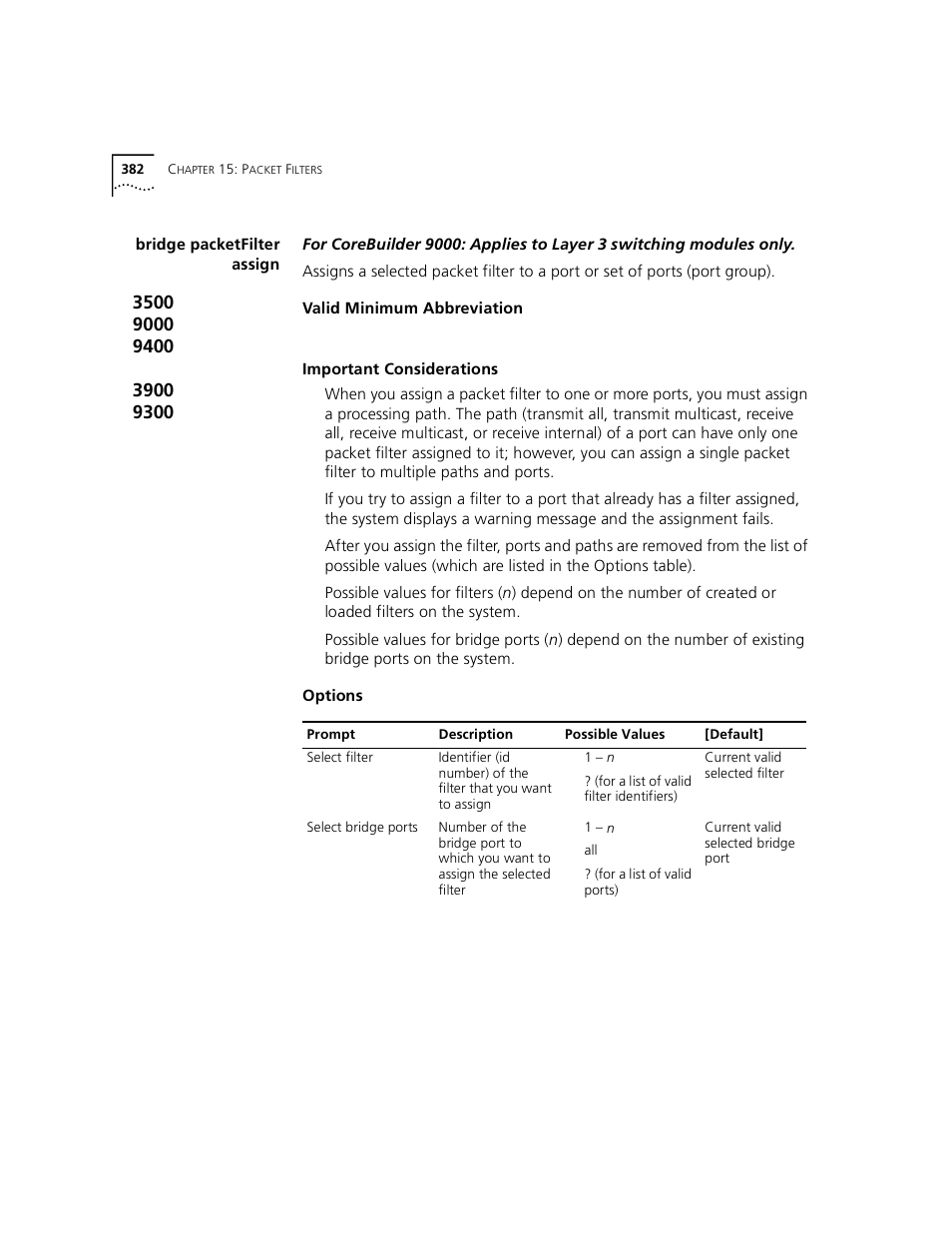 Bridge packetfilter assign, Bridge packetfilter assign” l | 3Com 3500 User Manual | Page 382 / 784