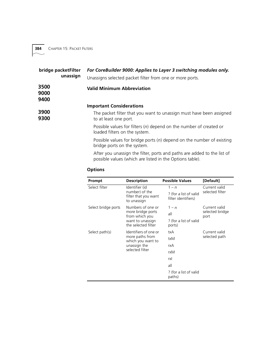 Bridge packetfilter unassign | 3Com 3500 User Manual | Page 384 / 784