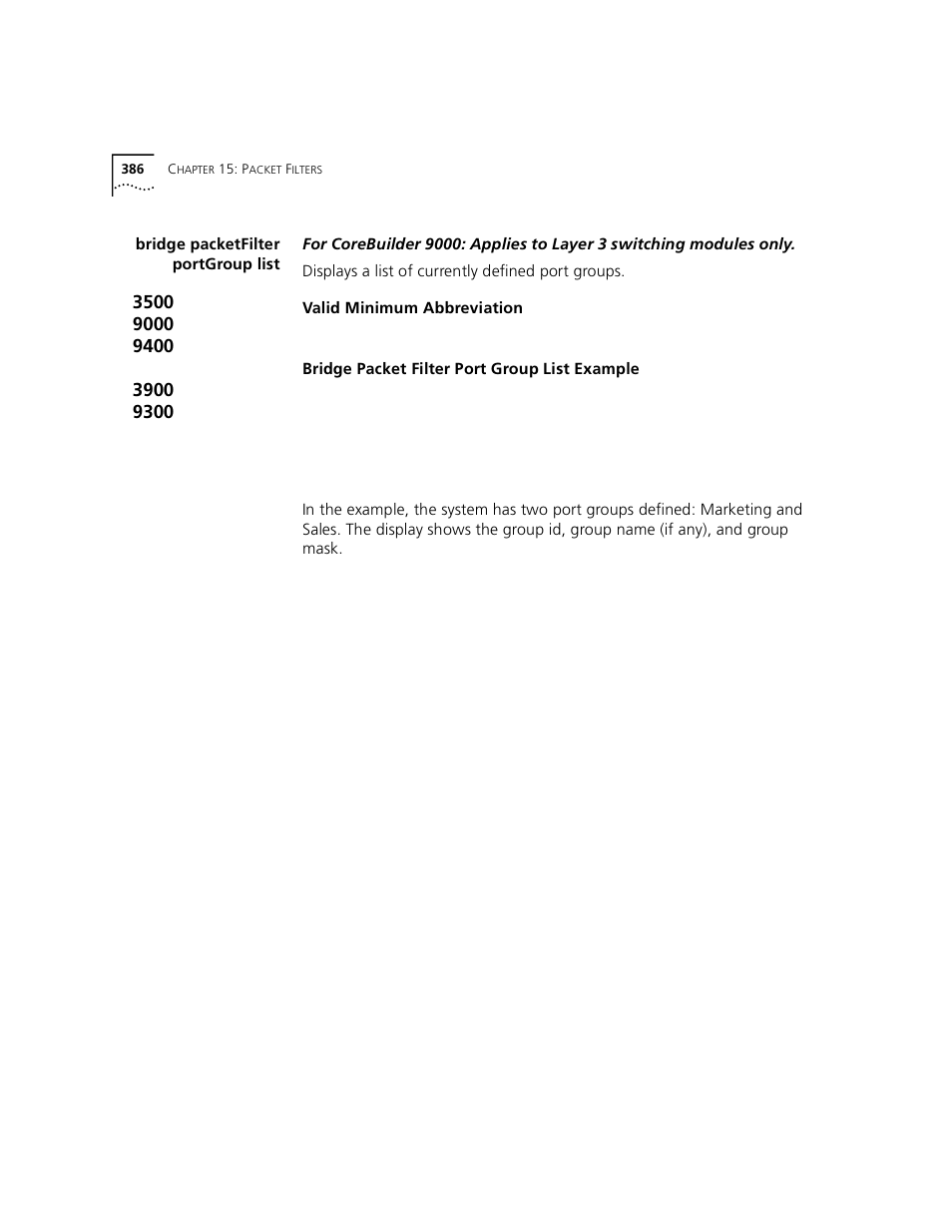 Bridge packetfilter portgroup list | 3Com 3500 User Manual | Page 386 / 784