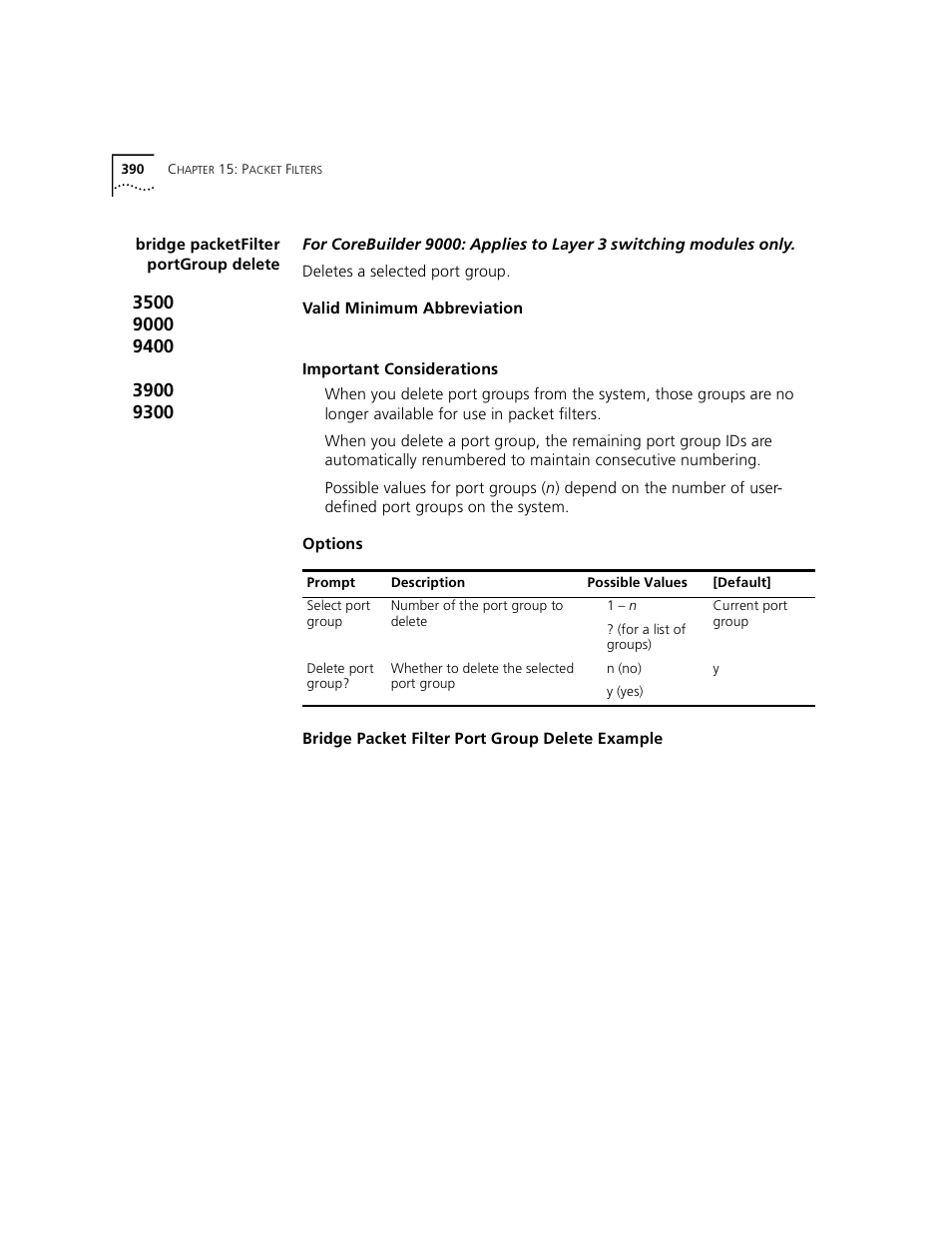 Bridge packetfilter portgroup delete | 3Com 3500 User Manual | Page 390 / 784