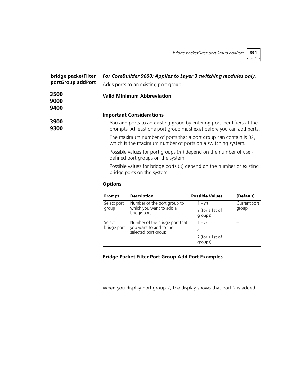 Bridge packetfilter portgroup addport | 3Com 3500 User Manual | Page 391 / 784
