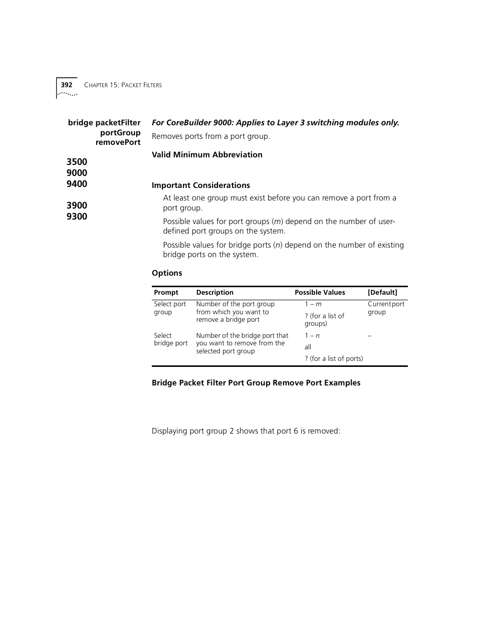 Bridge packetfilter portgroup removeport | 3Com 3500 User Manual | Page 392 / 784