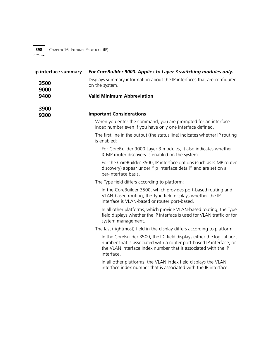 Ip interface summary | 3Com 3500 User Manual | Page 398 / 784