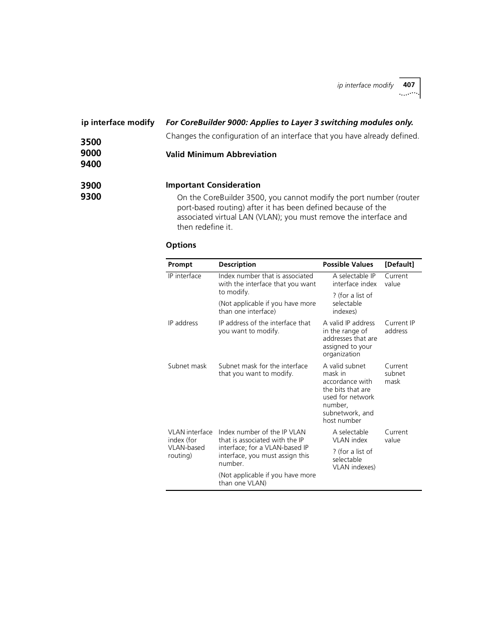 Ip interface modify | 3Com 3500 User Manual | Page 407 / 784