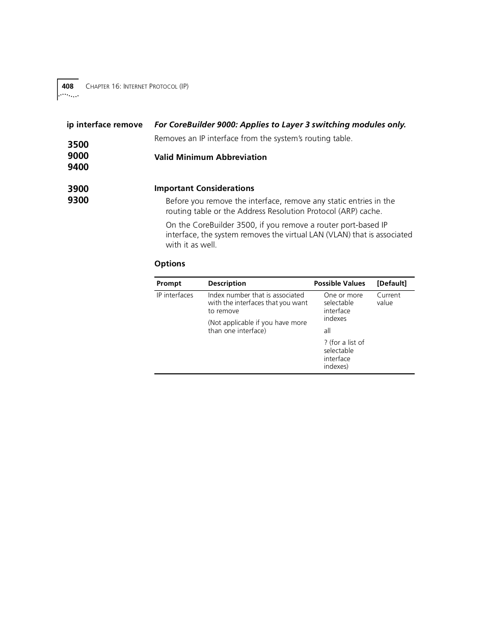 Ip interface remove | 3Com 3500 User Manual | Page 408 / 784