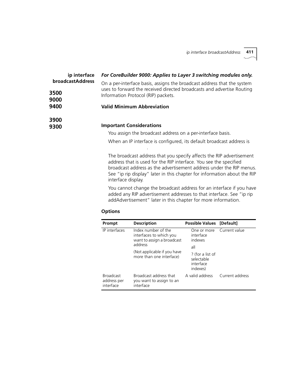 Ip interface broadcastaddress | 3Com 3500 User Manual | Page 411 / 784