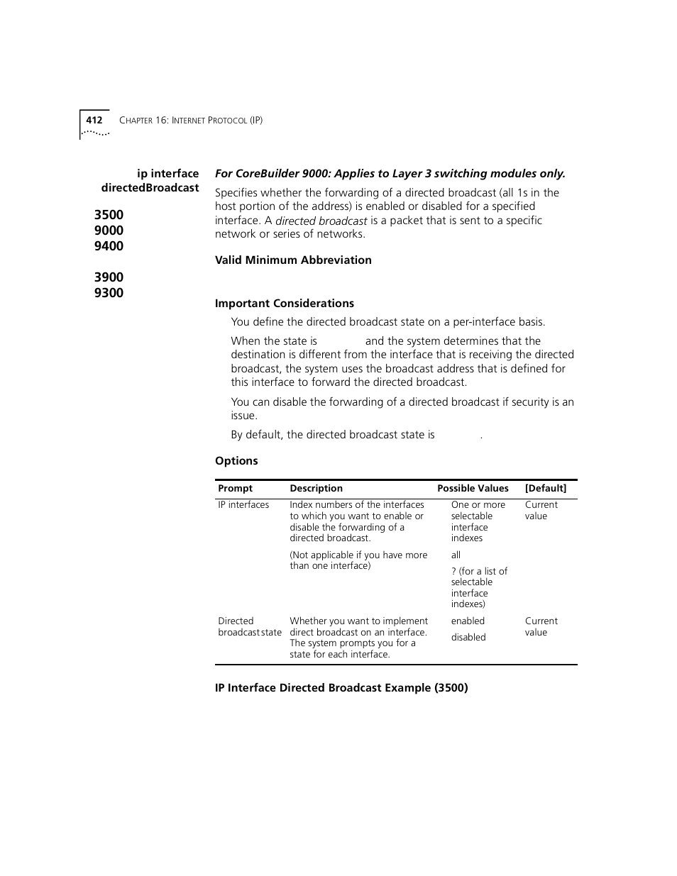 Ip interface directedbroadcast | 3Com 3500 User Manual | Page 412 / 784