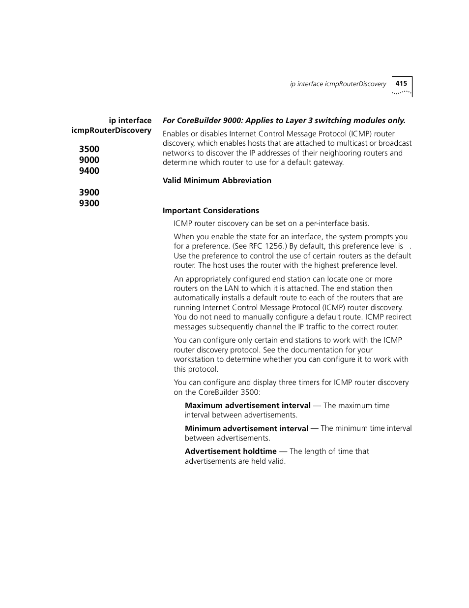 Ip interface icmprouterdiscovery, Ip rip policy remove | 3Com 3500 User Manual | Page 415 / 784