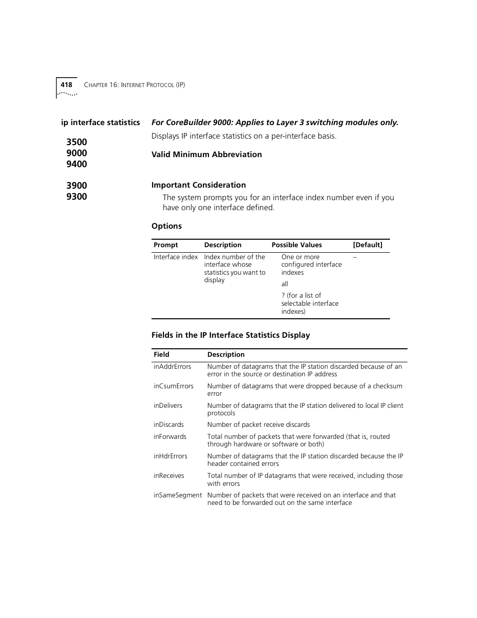 Ip interface statistics | 3Com 3500 User Manual | Page 418 / 784