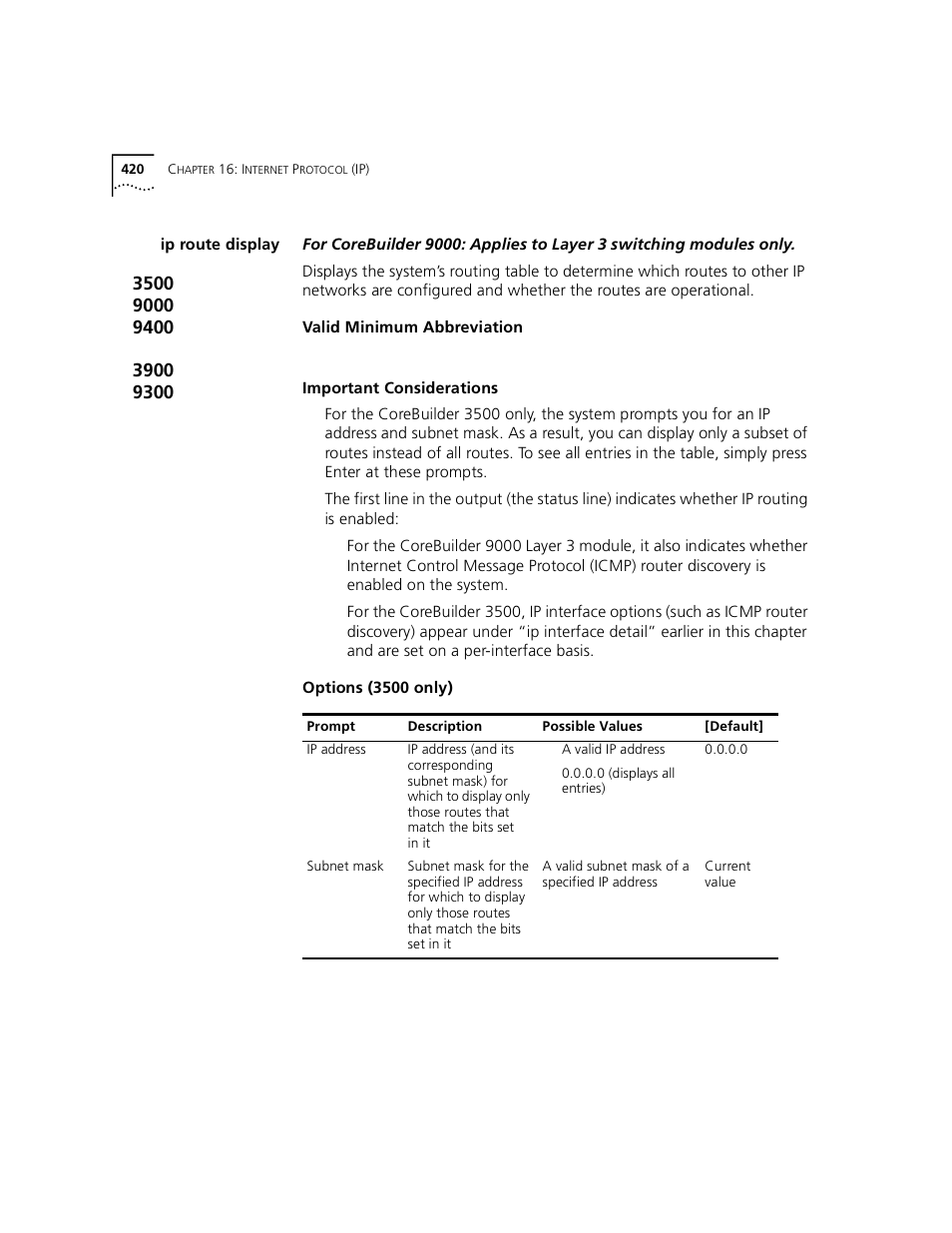 Ip route display | 3Com 3500 User Manual | Page 420 / 784